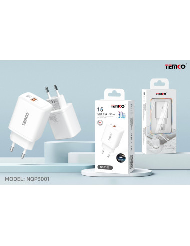 Cargador de red doble toma USB A QC 18 W y USB C PD 30W blanco