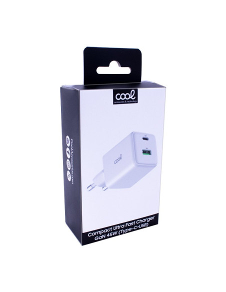 Cargador red universal ultra rápido Dual (PD) Tipo C + USB COOL (45W) GaN blanco