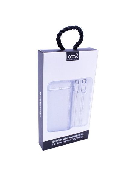 Batería externa Power Bank 5000 mAh COOL (2 Cables: TIPO C / Lightning) blanca