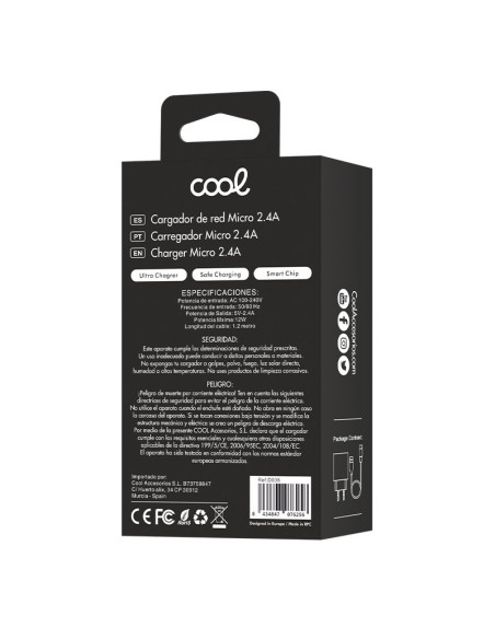 Cargador red conector micro USB COOL universal 2,4 Amp lote 2 en 1 negro