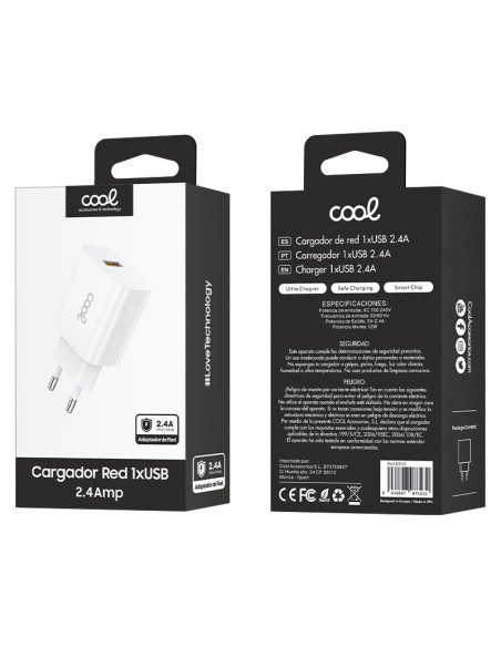 Cargador red adaptador 1 toma USB universal COOL (2,4 Amp) blanco