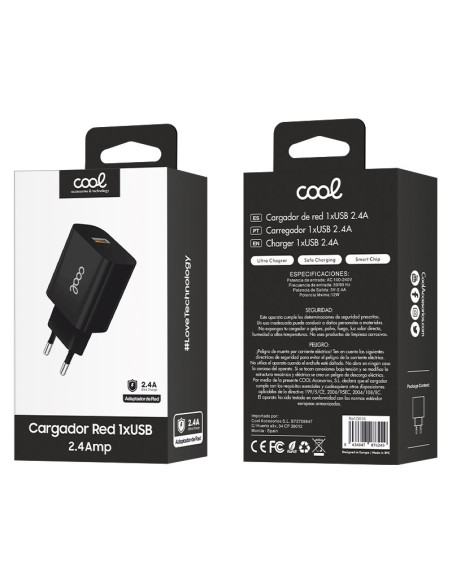 Cargador red adaptador 1 toma USB universal COOL (2,4 Amp) negro