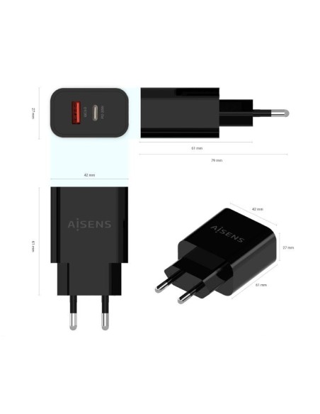 Cargador red universal doble toma tipo C + USB A Aisens (20W) GaN negro