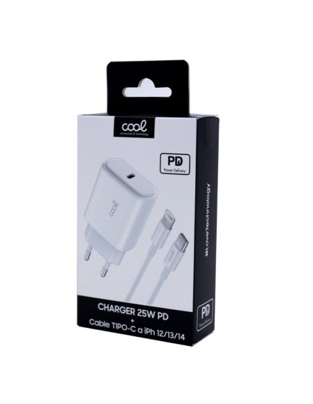 Cargador red universal Fast Adapt. (PD) tipo C COOL (25W) blanco + Cable tipo C a lightning