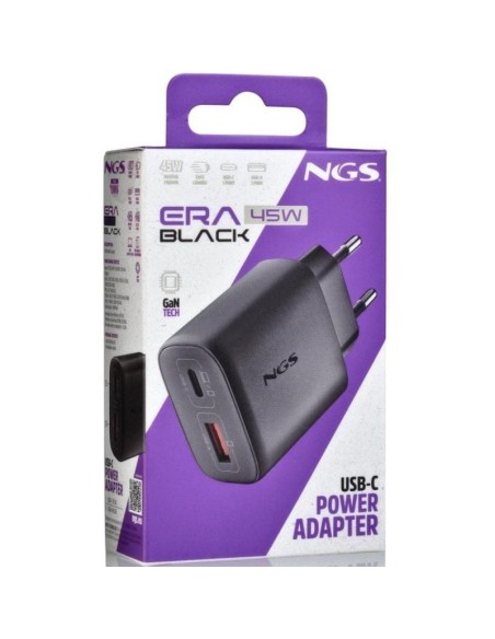 Cargador red universal doble toma tipo C + USB A NGS (45W) GaN negro
