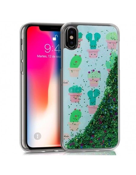 Carcasa TPU gel purpurina iPhone X / XS Glitter verde diseño Cactus