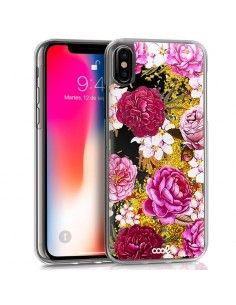 Carcasa TPU gel purpurina iPhone X / XS Glitter dorado diseño Flores