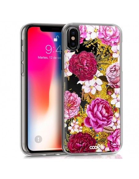 Carcasa TPU gel purpurina iPhone X / XS Glitter dorado diseño Flores
