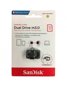 Pendrive 32GB USB 3.0 microUSB OTG SanDisk Dual Drive m3.0 retráctil llavero negro transparente