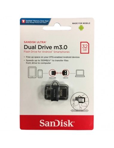 Pendrive 32GB USB 3.0 microUSB OTG SanDisk Dual Drive m3.0 retráctil llavero negro transparente