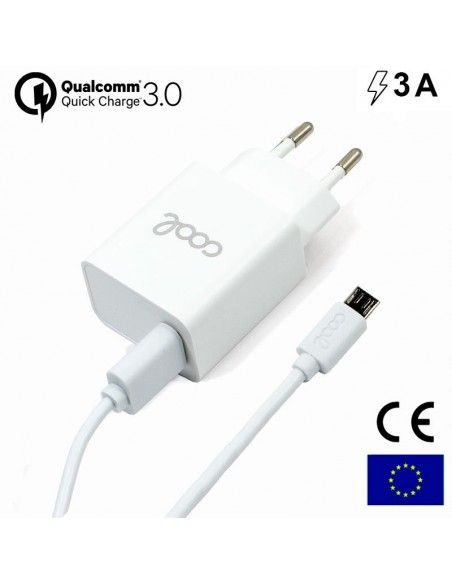 Cargador de red conector microUSB universal 3Amp (Carga rápida) Kit 2 en 1 blanco
