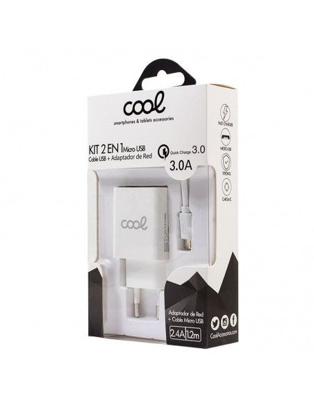 Cargador de red conector microUSB universal 3Amp (Carga rápida) Kit 2 en 1 blanco