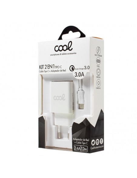 Cargador de red conector tipo C universal 3Amp (Carga rápida) COOL Kit 2 en 1 blanco
