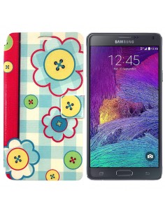Funda libro soporte rígido Samsung Galaxy Note 4 diseño Flores botones azul celeste