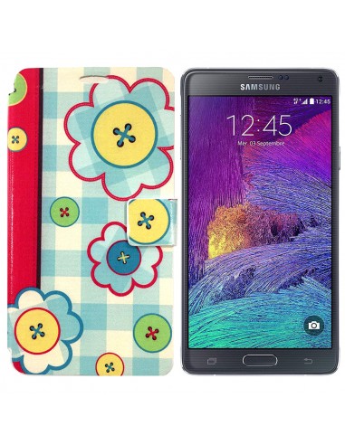 Funda libro soporte rígido Samsung Galaxy Note 4 diseño Flores botones azul celeste