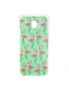 Carcasa TPU purpurina Samsung J330 Galaxy J3 (2017) diseño verde Flamencos rosa