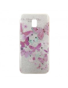 Carcasa TPU purpurina Samsung J330 Galaxy J3 (2017) diseño plata Mariposas rosas