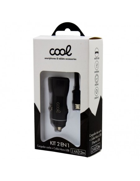 Cargador mechero coche + cable microUSB (2 tomas USB) COOL 2.4A Kit 2 en 1 negro