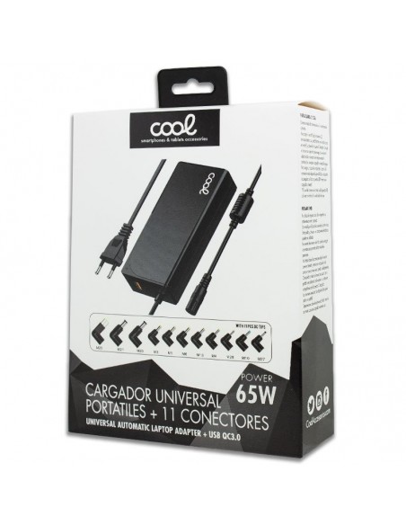 Cargador de red universal PC's portátiles 65w automático COOL + 11 conectores (USB Q.C. 3.0)