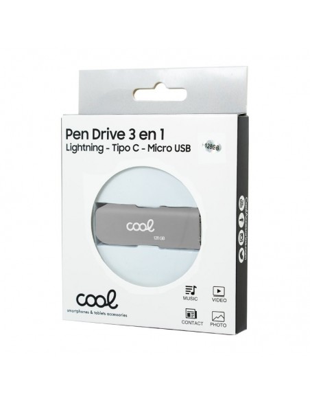 Pen Drive llavero USB 128 GB COOL (3 en 1) Lightning / Tipo-C / Micro-USB gris