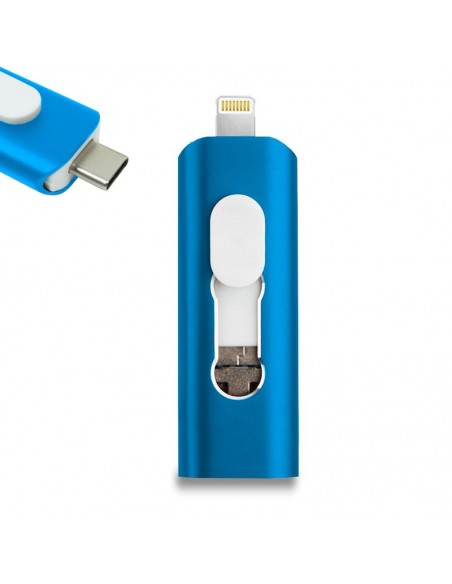 Pen Drive llavero USB 64 GB COOL (3 en 1) Lightning / Tipo-C / Micro-USB azul