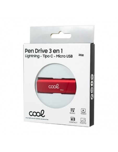 Pen Drive llavero USB 32 GB COOL (3 en 1) Lightning / Tipo-C / Micro-USB rojo