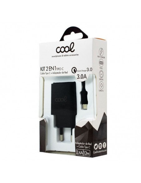Cargador red conector tipo C universal 3 Amp (Carga rápida) Cool juego 2 en 1 negro
