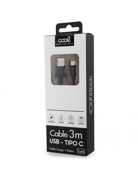 Cable USB compatible COOL universal tipo C (3 metros) negro 2,4 Amp