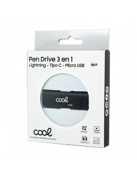 Pen Drive llavero USB 64 GB COOL (3 en 1) lightning / tipo C / microUSB negro