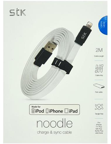 Cable plano USB a lightning homologado 'Made for iPhone' STK para iPhone / iPad / iPod (2 metros) blanco