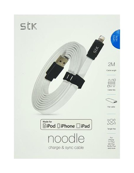 Cable plano USB a lightning homologado 'Made for iPhone' STK para iPhone / iPad / iPod (2 metros) blanco