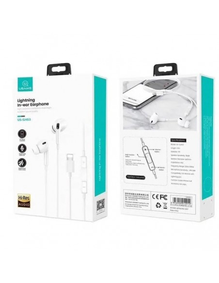 Auriculares USAMS compatibles Lightning iPhone 7 / 8 / X / XS / XR / 11 / 12 (Blíster)