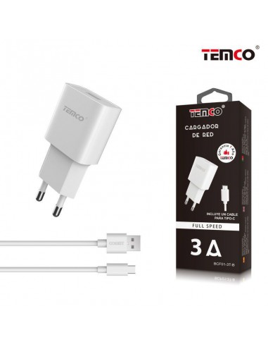 Cargador de red conector tipo C TEMCO universal 3A carga rápida lote 2 en 1 blanco