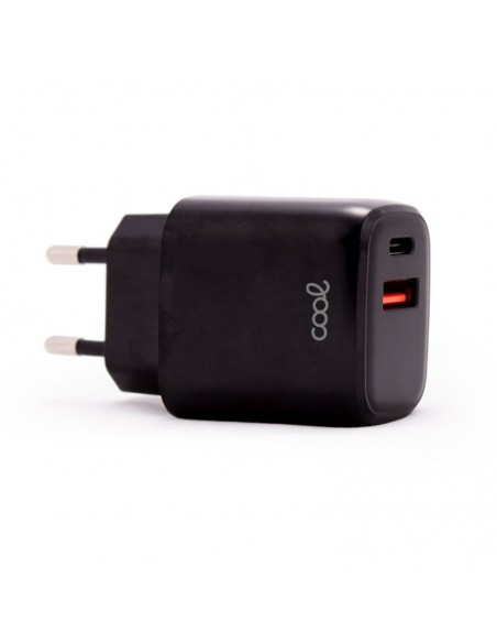 Cargador de red universal carga rápida (PD) doble toma tipo C / USB Cool (20W) negro