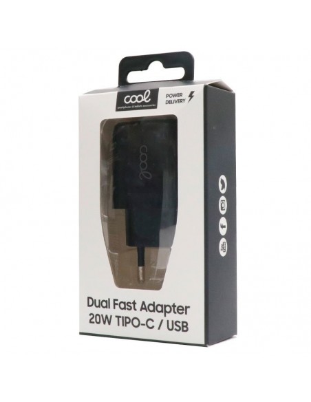 Cargador de red universal carga rápida (PD) doble toma tipo C / USB Cool (20W) negro