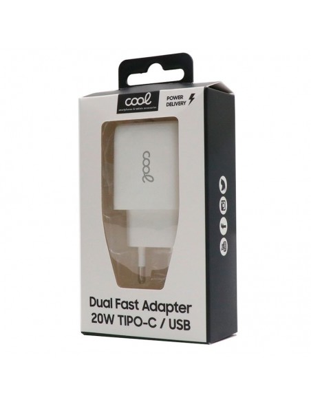 Cargador de red universal carga rápida (PD) doble toma tipo C / USB Cool (20W) blanco