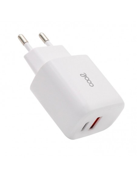 Cargador de red universal carga rápida (PD) doble toma tipo C / USB Cool (20W) blanco
