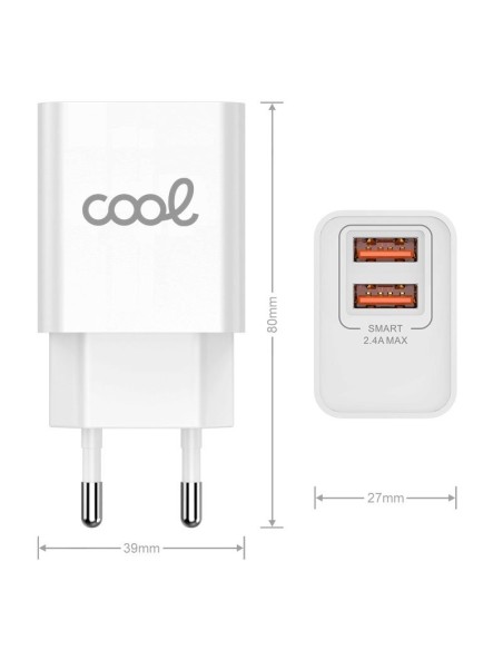 Cargador de red iPhone doble toma USB + cable Lightning 1,2m (2.4 Amp) COOL