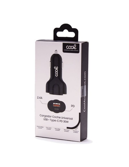 Cargador mechero coche universal Cool toma USB + toma tipo C PD (30W) negro