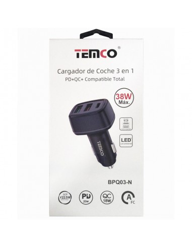 Cargador de mechero coche triple toma USB (2 USB-A y 1 USB-C) 38 W negro
