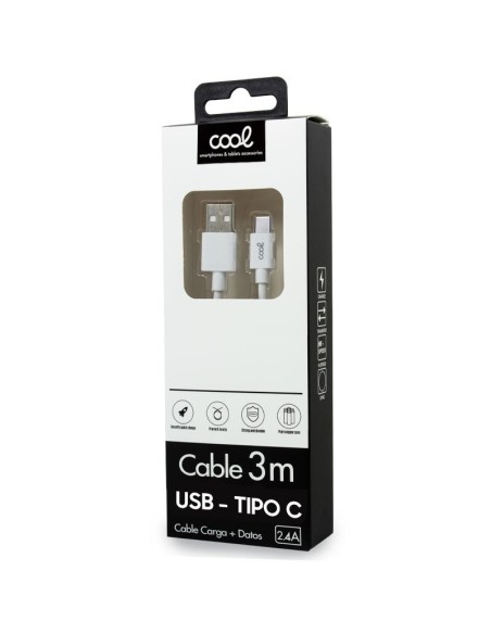 Cable USB compatible universal Cool tipo C (3 metros) blanco 2.4 Amp