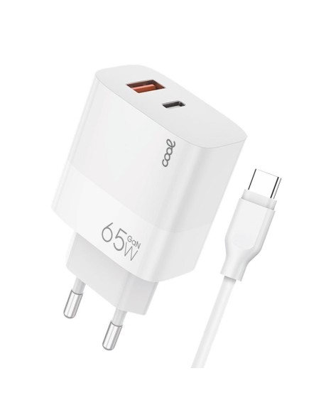 Cargador de red universal ultrarrápido GaN PD doble toma tipo C y tipo A + Cable tipo C COOL (65W) blanco