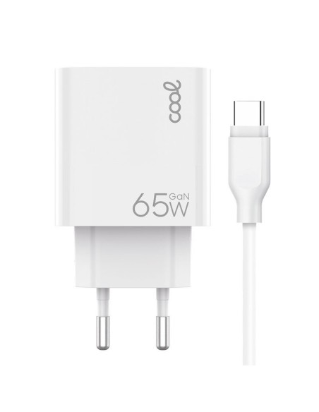 Cargador de red universal ultrarrápido GaN PD doble toma tipo C y tipo A + Cable tipo C COOL (65W) blanco