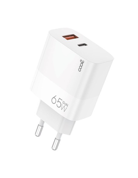 Cargador de red universal ultrarrápido GaN PD doble toma tipo C y tipo A + Cable tipo C COOL (65W) blanco