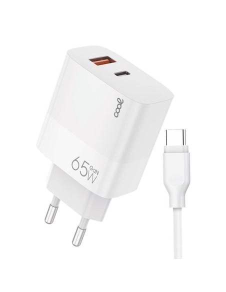 Cargador de red universal ultrarrápido GaN PD doble toma tipo C y tipo A + Cable tipo C COOL (65W) blanco