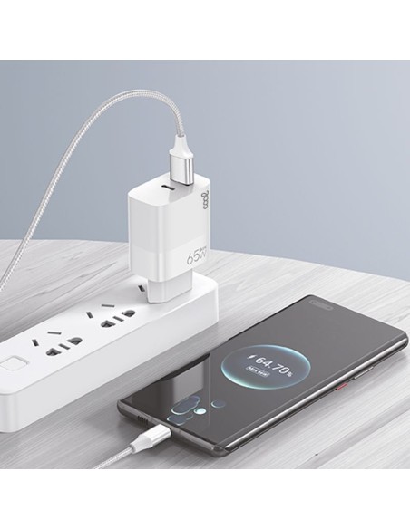 Cargador de red universal ultrarrápido GaN PD doble toma tipo C y tipo A + Cable tipo C COOL (65W) blanco