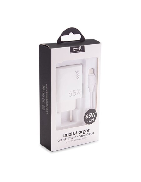 Cargador de red universal ultrarrápido GaN PD doble toma tipo C y tipo A + Cable tipo C COOL (65W) blanco
