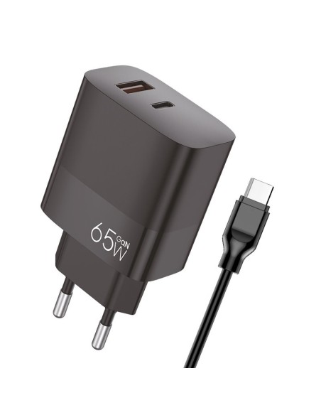 Cargador de red universal ultra rápido PD tipo C + USB COOL (cabeza enchufe 65W + cable tipo C) GaN negro