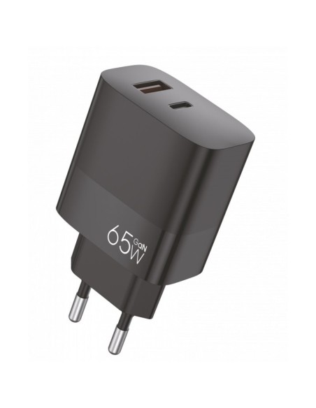 Cargador de red universal ultra rápido PD tipo C + USB COOL (cabeza enchufe 65W + cable tipo C) GaN negro