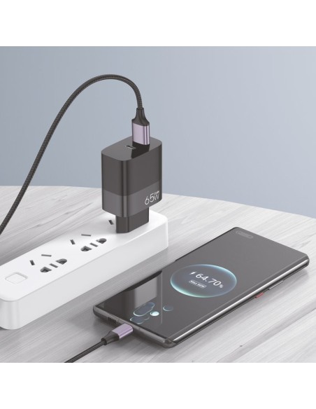 Cargador de red universal ultra rápido PD tipo C + USB COOL (cabeza enchufe 65W + cable tipo C) GaN negro